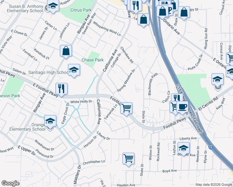map of restaurants, bars, coffee shops, grocery stores, and more near 1600 Heartland Way in Corona