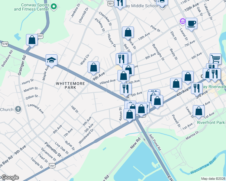 map of restaurants, bars, coffee shops, grocery stores, and more near 1806 Racepath Avenue in Conway