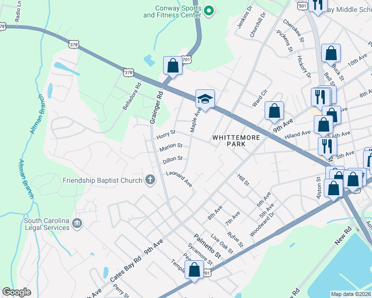 map of restaurants, bars, coffee shops, grocery stores, and more near 1816 Maple Avenue in Conway