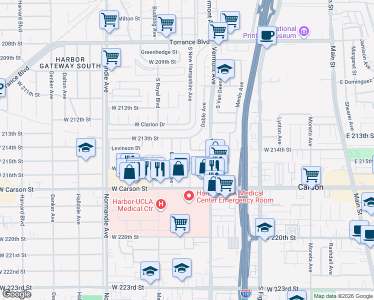 map of restaurants, bars, coffee shops, grocery stores, and more near 21409 Broadwell Avenue in Torrance