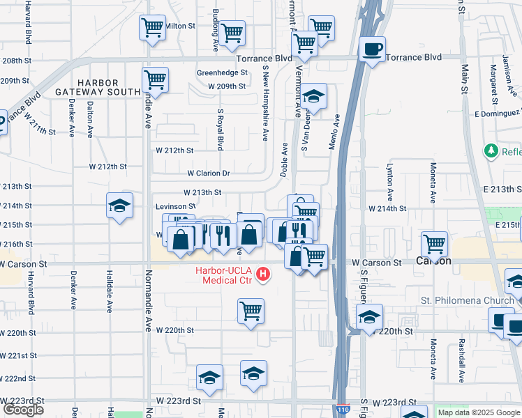 map of restaurants, bars, coffee shops, grocery stores, and more near 21409 Broadwell Avenue in Torrance
