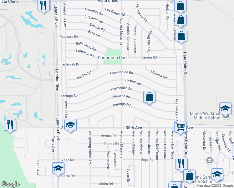 map of restaurants, bars, coffee shops, grocery stores, and more near 68440 Risueno Road in Cathedral City