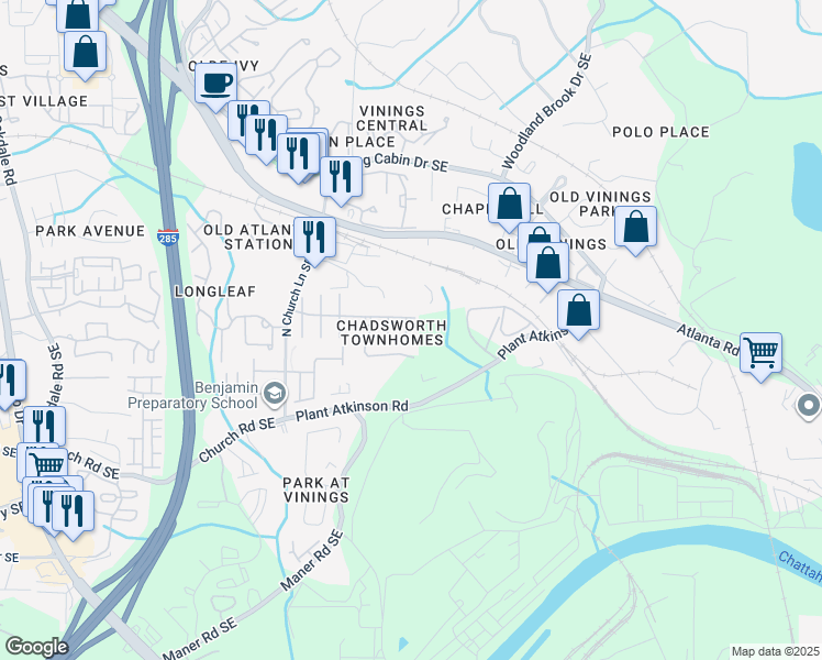 map of restaurants, bars, coffee shops, grocery stores, and more near 5059 Foxfield Lane in Smyrna