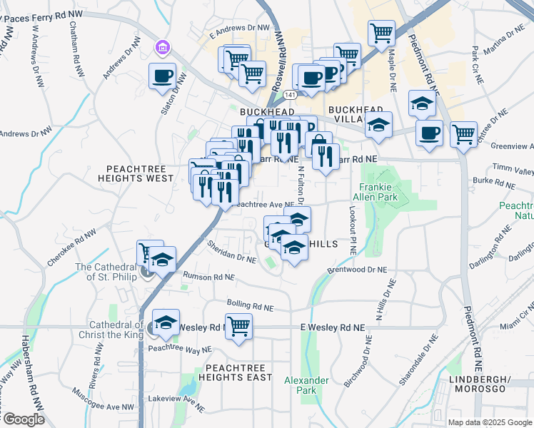 map of restaurants, bars, coffee shops, grocery stores, and more near 25 Peachtree Avenue Northeast in Atlanta