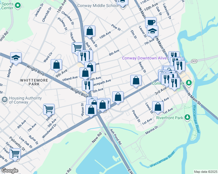 map of restaurants, bars, coffee shops, grocery stores, and more near 5th Avenue in Conway