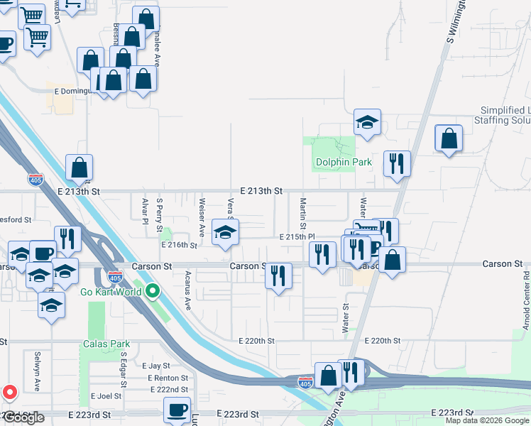 map of restaurants, bars, coffee shops, grocery stores, and more near 1459 East 214th Street in Carson