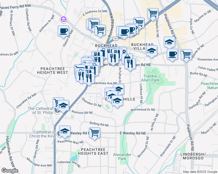 map of restaurants, bars, coffee shops, grocery stores, and more near 31 Peachtree Avenue Northeast in Atlanta