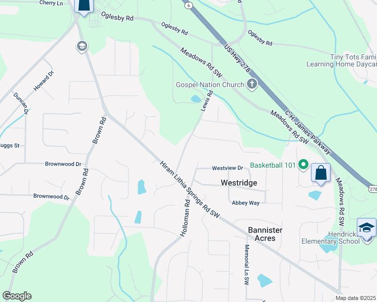 map of restaurants, bars, coffee shops, grocery stores, and more near 4891 Lewis Road in Powder Springs