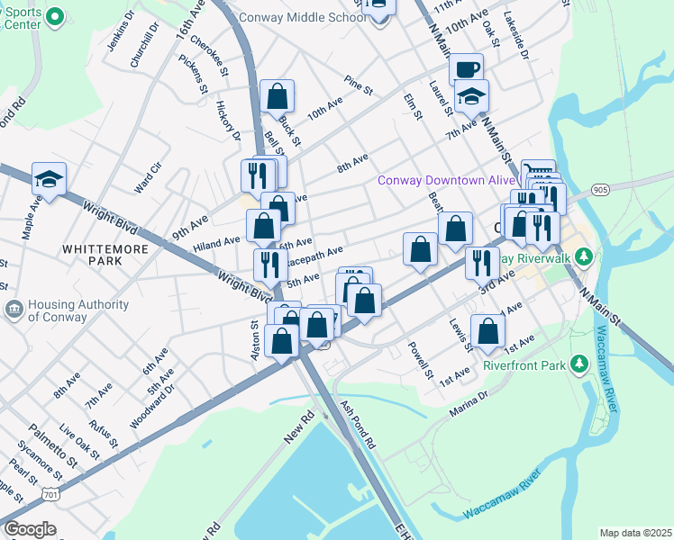 map of restaurants, bars, coffee shops, grocery stores, and more near 5th Avenue in Conway