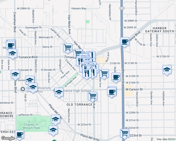 map of restaurants, bars, coffee shops, grocery stores, and more near 1321 Sartori Avenue in Torrance