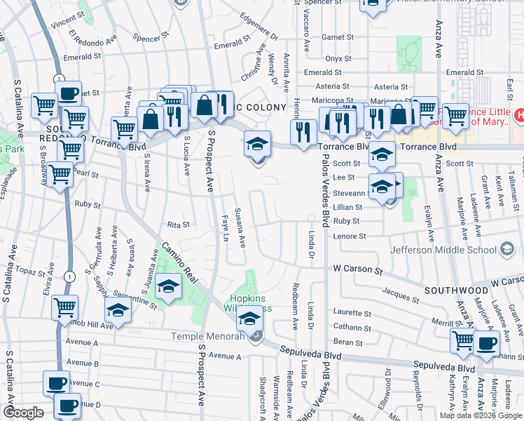 map of restaurants, bars, coffee shops, grocery stores, and more near 21405 Mildred Avenue in Torrance