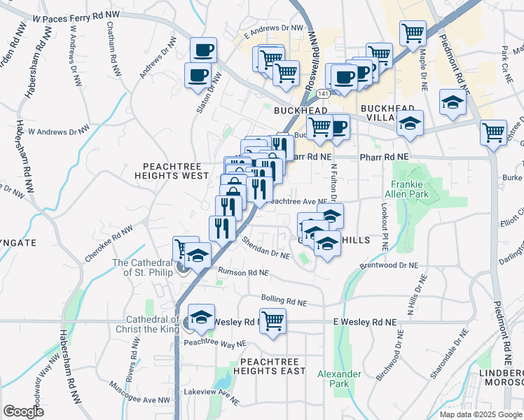 map of restaurants, bars, coffee shops, grocery stores, and more near 2893 Peachtree Street Northeast in Atlanta