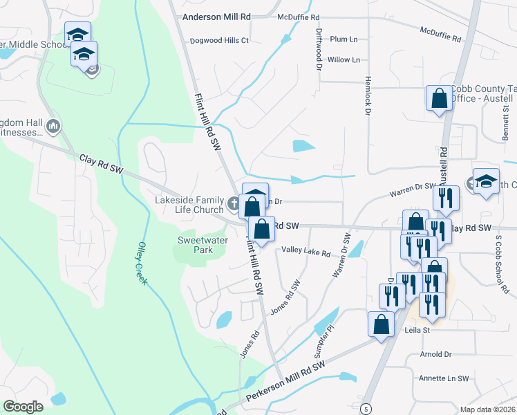 map of restaurants, bars, coffee shops, grocery stores, and more near 2342 Clay Road Southwest in Austell