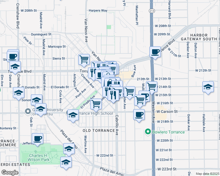 map of restaurants, bars, coffee shops, grocery stores, and more near 1417 Marcelina Avenue in Torrance
