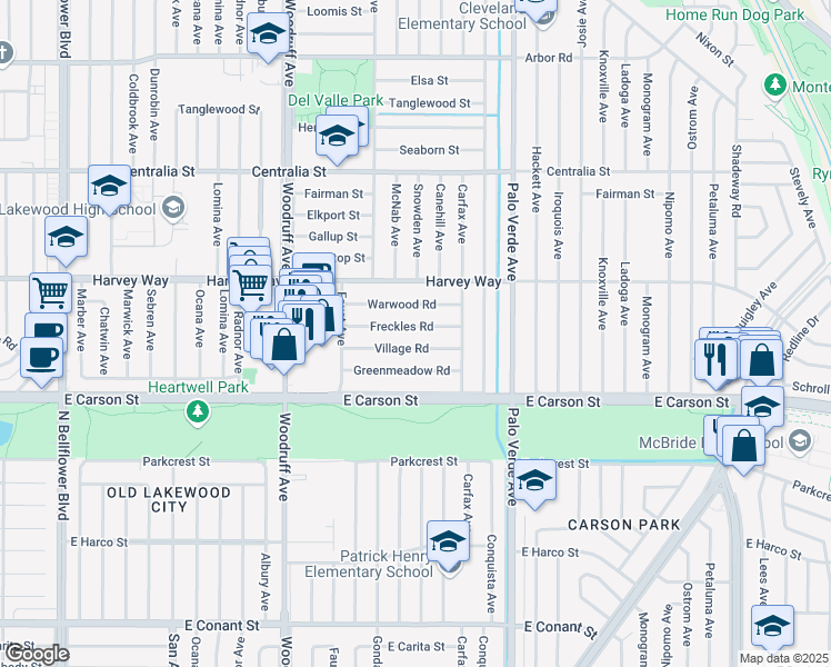 map of restaurants, bars, coffee shops, grocery stores, and more near 6138 Freckles Road in Lakewood