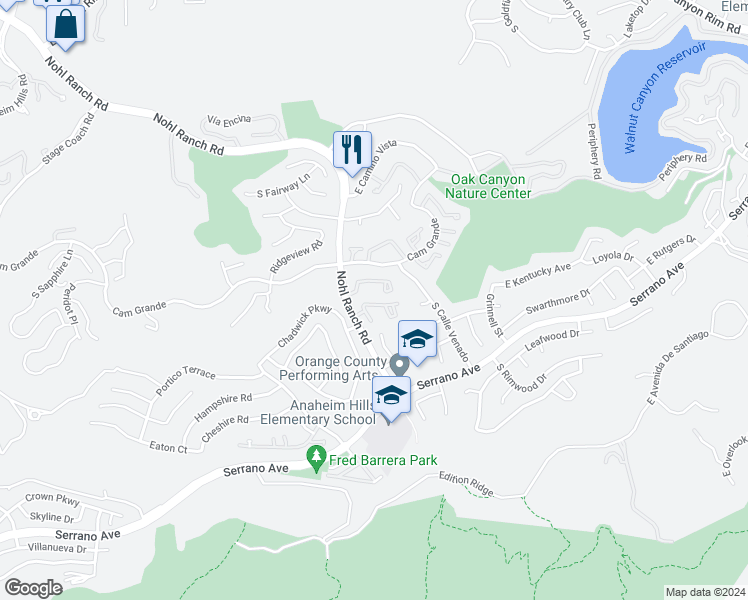 map of restaurants, bars, coffee shops, grocery stores, and more near 6540 East Paseo Diego in Anaheim