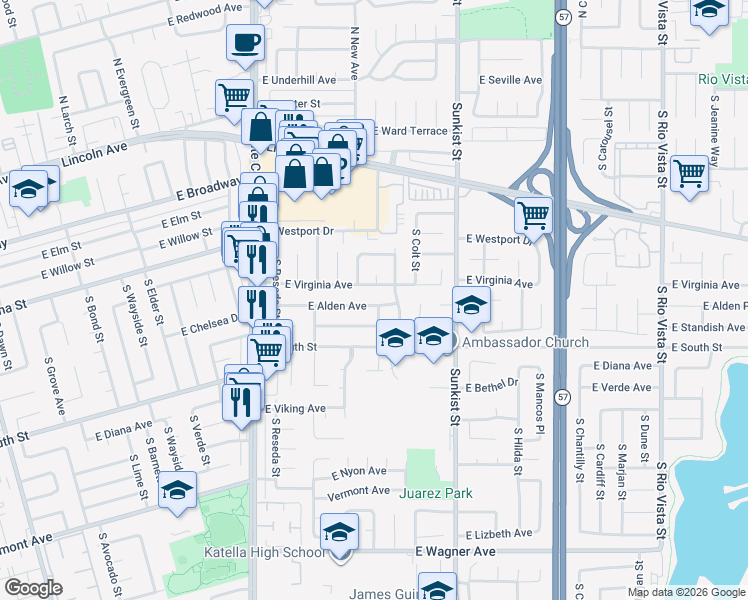 map of restaurants, bars, coffee shops, grocery stores, and more near 2330 East Alden Avenue in Anaheim