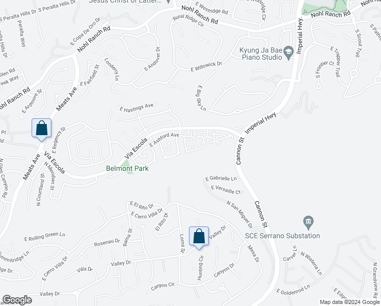map of restaurants, bars, coffee shops, grocery stores, and more near 5034 East Hunsford Drive in Orange