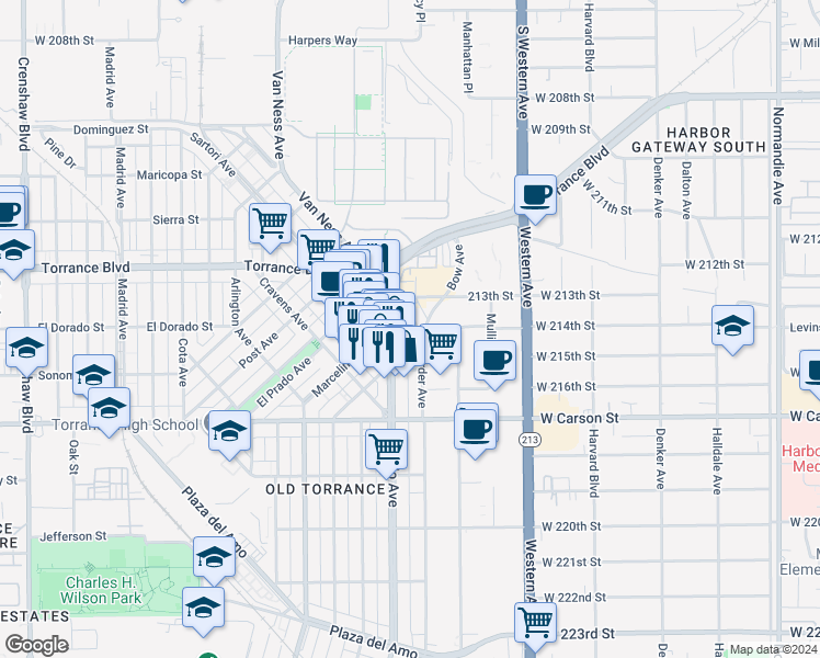 map of restaurants, bars, coffee shops, grocery stores, and more near 1401 Border Avenue in Torrance