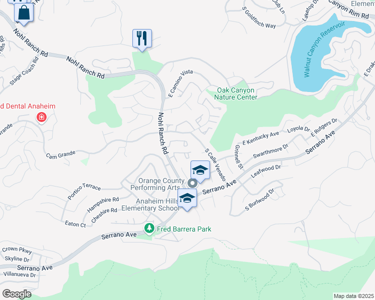 map of restaurants, bars, coffee shops, grocery stores, and more near 6565 East Paseo Diego in Anaheim