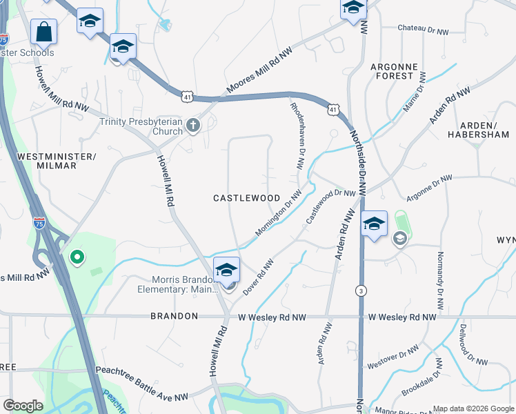 map of restaurants, bars, coffee shops, grocery stores, and more near 2800 Mornington Drive Northwest in Atlanta