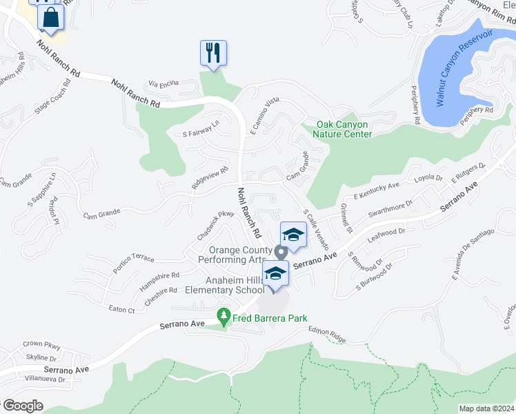 map of restaurants, bars, coffee shops, grocery stores, and more near 6519 East Paseo Diego in Anaheim