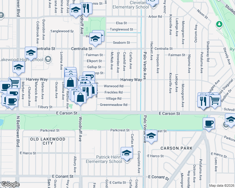 map of restaurants, bars, coffee shops, grocery stores, and more near 6138 Freckles Road in Lakewood