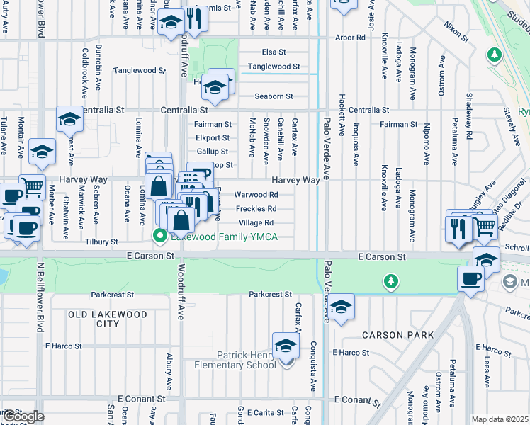 map of restaurants, bars, coffee shops, grocery stores, and more near 6138 Freckles Road in Lakewood