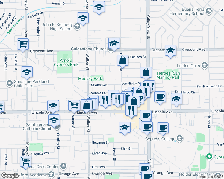 map of restaurants, bars, coffee shops, grocery stores, and more near 5693 Vonnie Lane in Cypress