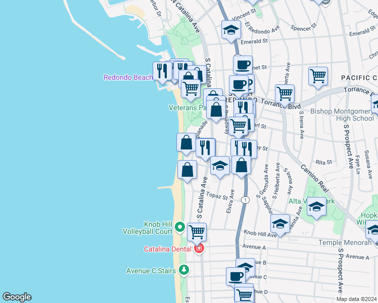map of restaurants, bars, coffee shops, grocery stores, and more near 575 Esplanade in Redondo Beach