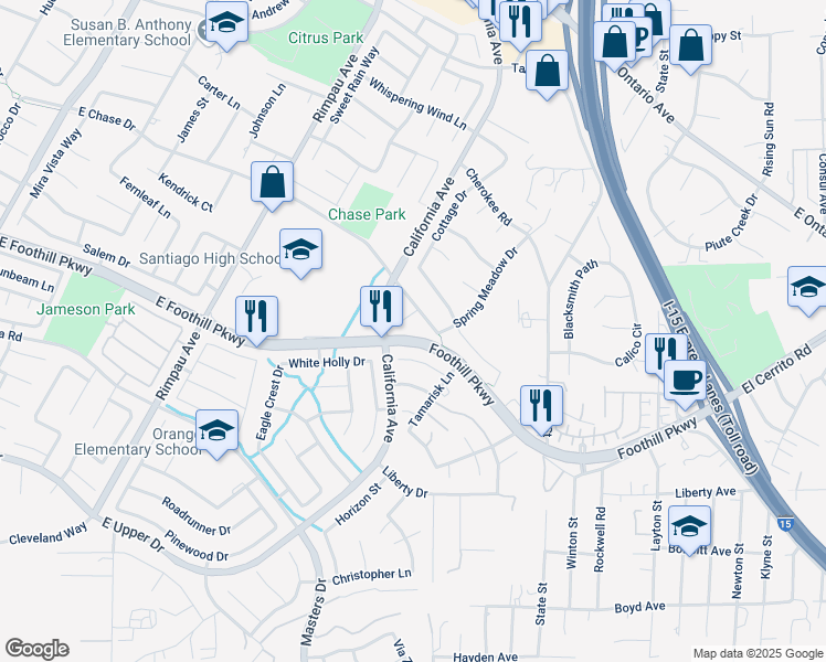 map of restaurants, bars, coffee shops, grocery stores, and more near 3005 Pearson Circle in Corona