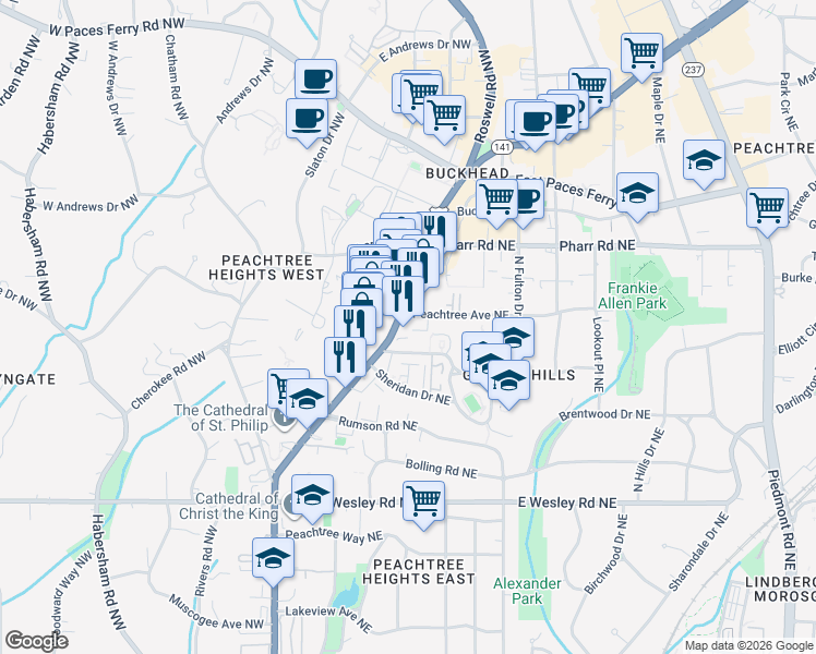 map of restaurants, bars, coffee shops, grocery stores, and more near 2893 Peachtree Street Northeast in Atlanta