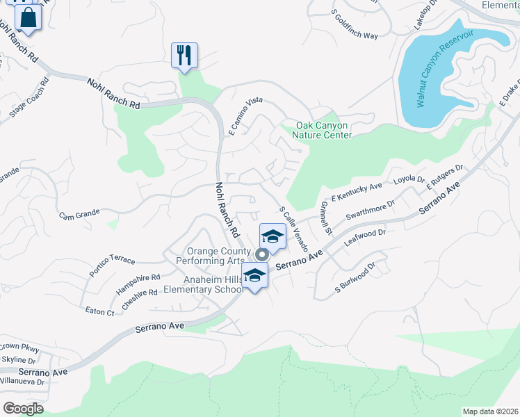 map of restaurants, bars, coffee shops, grocery stores, and more near 6591 East Paseo Diego in Anaheim