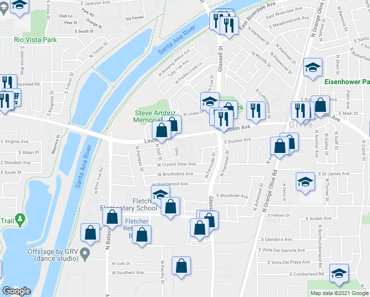 map of restaurants, bars, coffee shops, grocery stores, and more near 233 West Crystal View Avenue in Orange