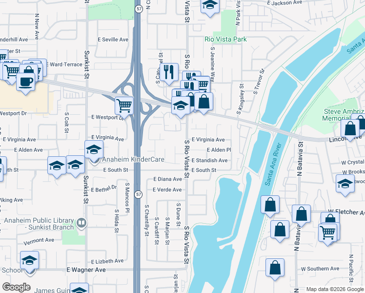 map of restaurants, bars, coffee shops, grocery stores, and more near 2806 East Alden Place in Anaheim