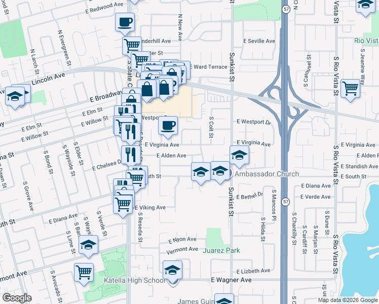 map of restaurants, bars, coffee shops, grocery stores, and more near 2330 East Alden Avenue in Anaheim