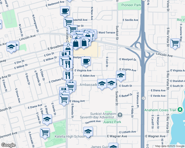 map of restaurants, bars, coffee shops, grocery stores, and more near 2234 East Alden Avenue in Anaheim