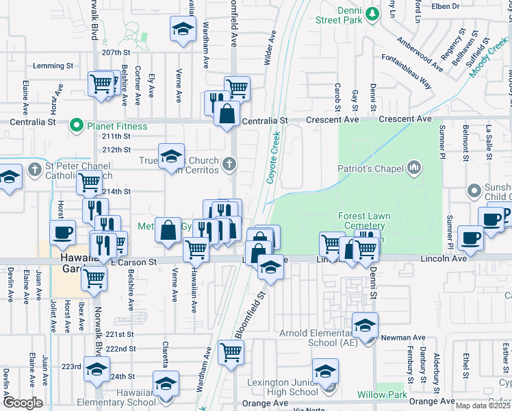map of restaurants, bars, coffee shops, grocery stores, and more near 21418 Bloomfield Avenue in Lakewood