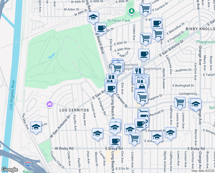 map of restaurants, bars, coffee shops, grocery stores, and more near in Long Beach