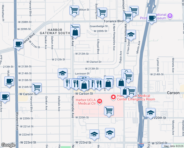 map of restaurants, bars, coffee shops, grocery stores, and more near 1127 West Desford Street in Torrance
