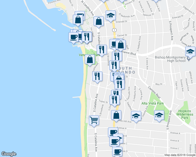 map of restaurants, bars, coffee shops, grocery stores, and more near 524 Esplanade in Redondo Beach