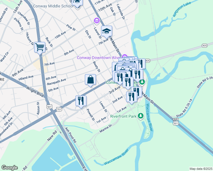 map of restaurants, bars, coffee shops, grocery stores, and more near 1308 3rd Avenue in Conway