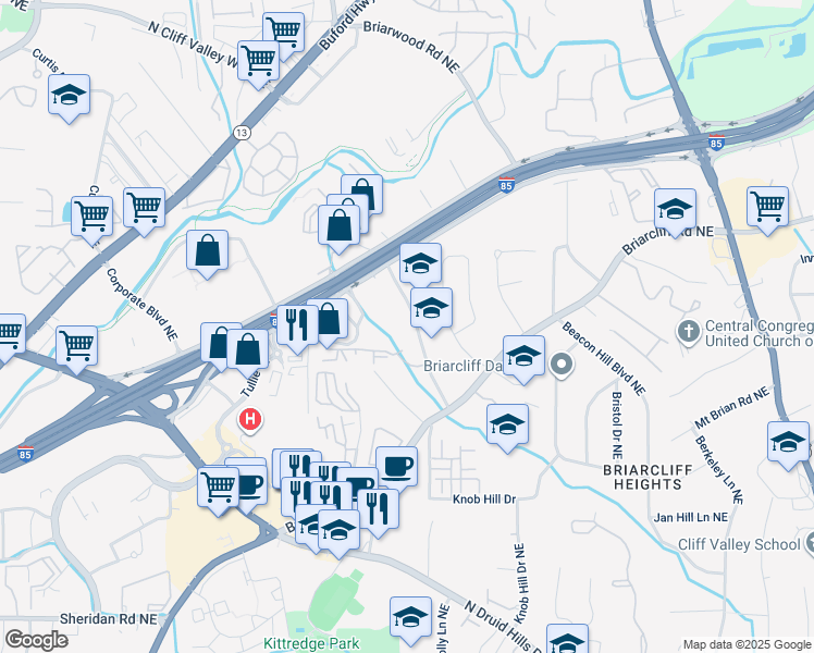 map of restaurants, bars, coffee shops, grocery stores, and more near 1214 Westchester Ridge Northeast in Atlanta