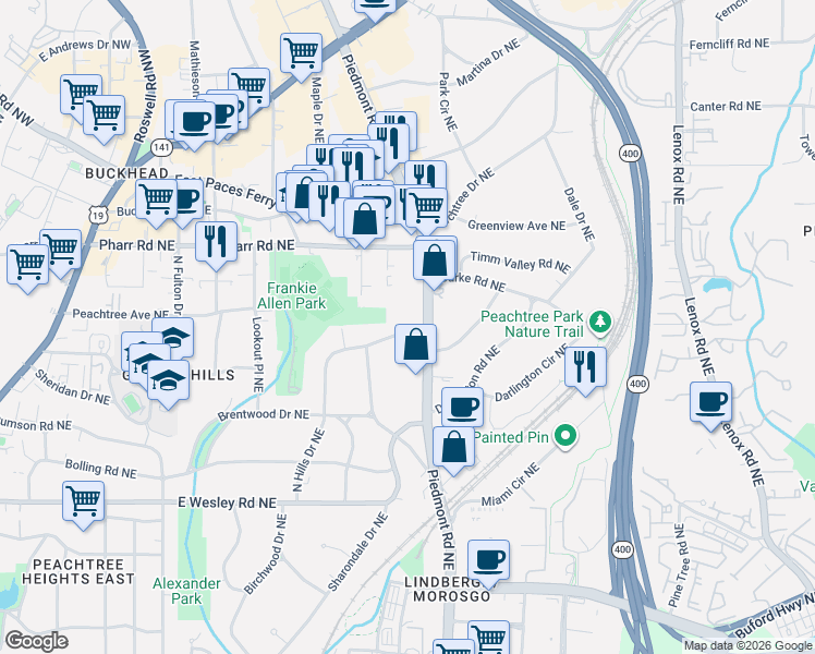 map of restaurants, bars, coffee shops, grocery stores, and more near 2913 North Hills Drive Northeast in Atlanta