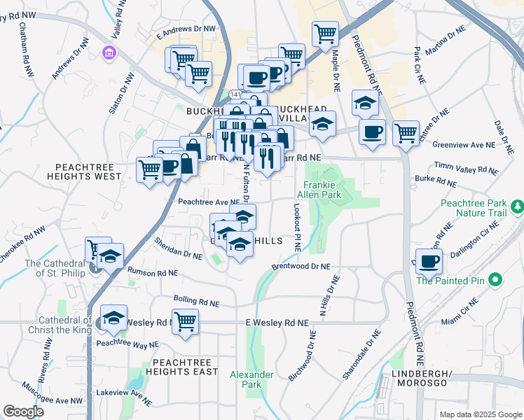 map of restaurants, bars, coffee shops, grocery stores, and more near 331 Peachtree Avenue Northeast in Atlanta