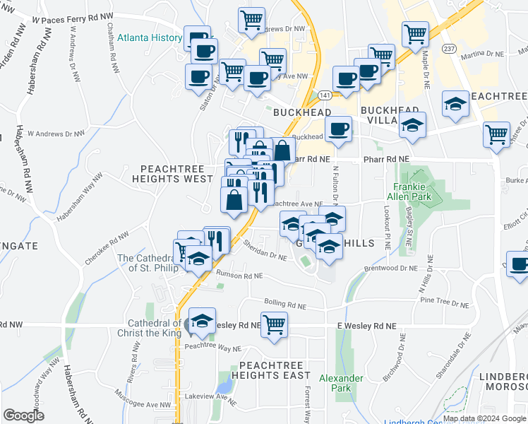 map of restaurants, bars, coffee shops, grocery stores, and more near 2893 Peachtree Street Northeast in Atlanta
