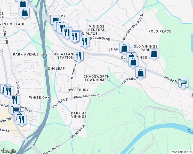 map of restaurants, bars, coffee shops, grocery stores, and more near 2565 Bridlewood Lane Southeast in Atlanta