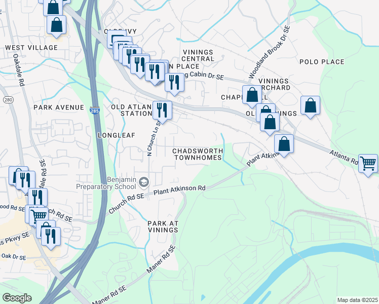 map of restaurants, bars, coffee shops, grocery stores, and more near 2539 Bridlewood Lane Southeast in Atlanta