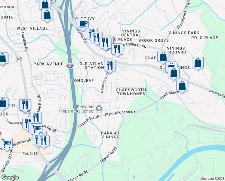 map of restaurants, bars, coffee shops, grocery stores, and more near 4890 Payson Terrace Southeast in Smyrna
