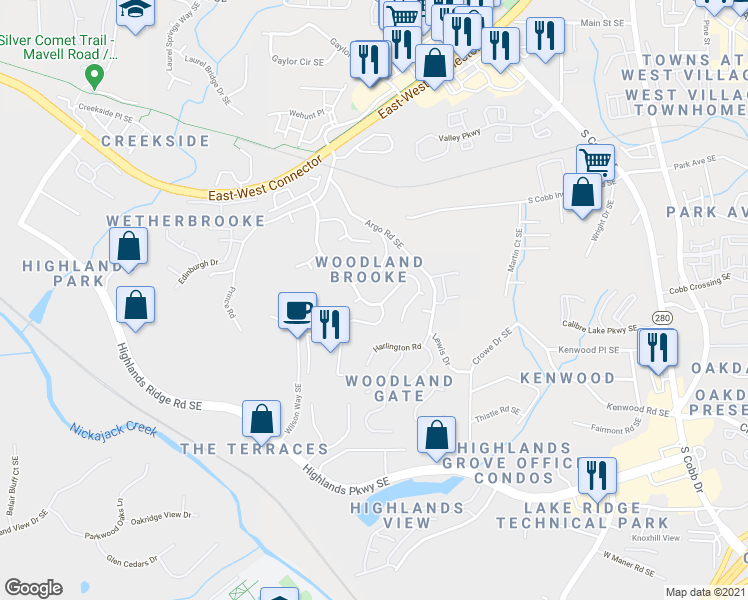 map of restaurants, bars, coffee shops, grocery stores, and more near 4845 Clay Brooke Drive Southeast in Smyrna